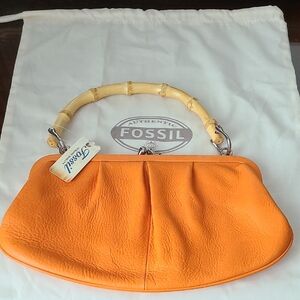 Fossil Orange Leather Clutch with Bamboo Handle